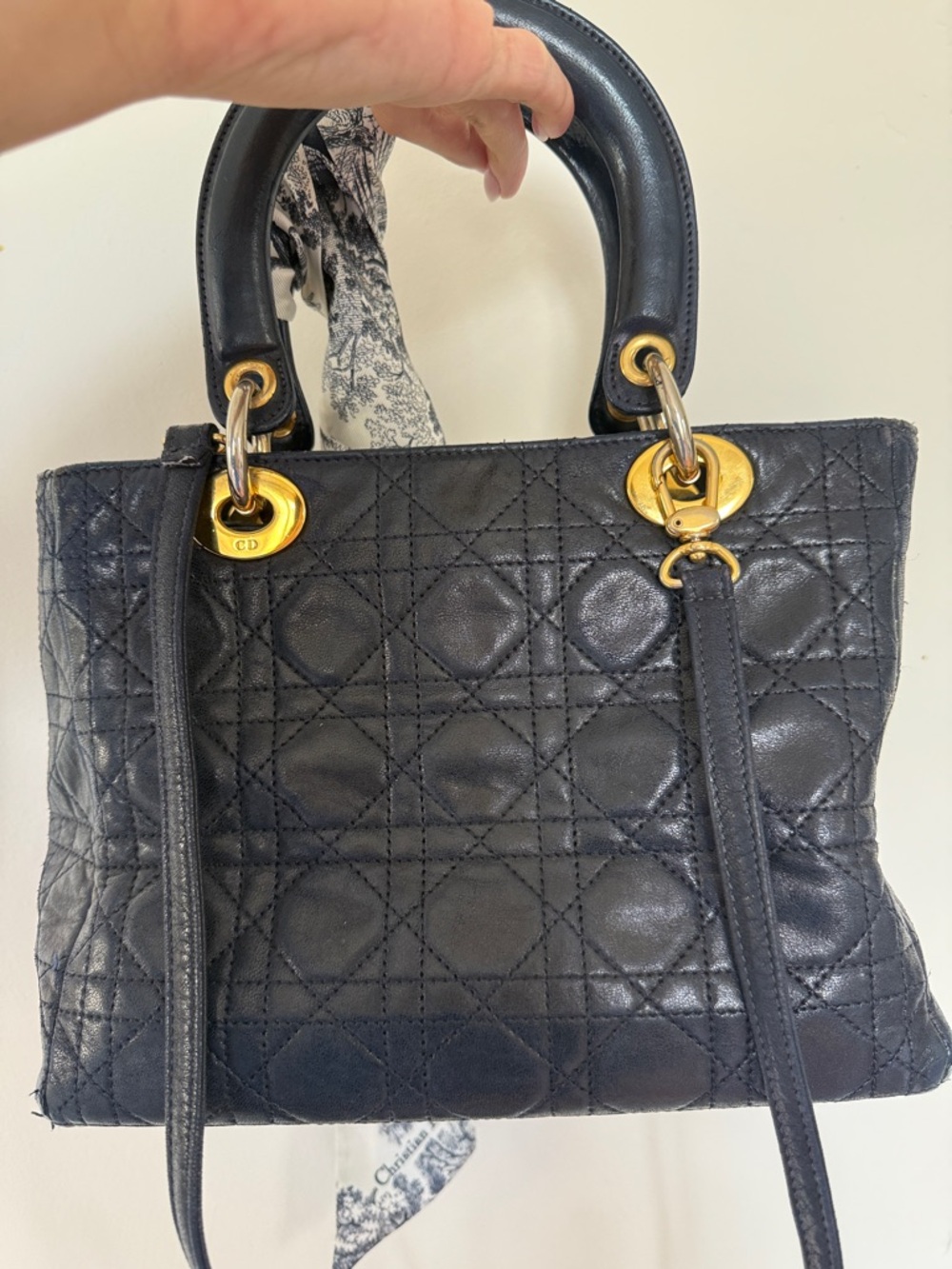 VINTAGE 1997 Dior Navy-Black Quilted Leather Lady Tote with Gold Hardware